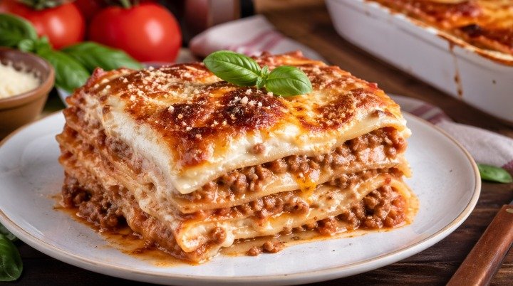 Classic homemade lasagna slice with layers of pasta, rich meat sauce, béchamel, and melted golden cheese