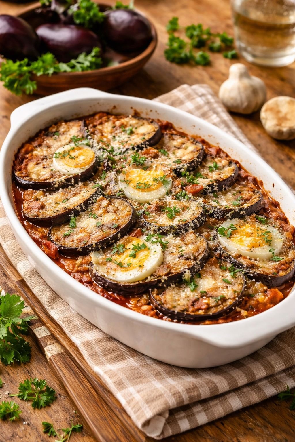 Best traditional Italian eggplant gratin recipe layered with fresh tomato sauce, sliced eggs and melted bubbling parmesan cheese crust.