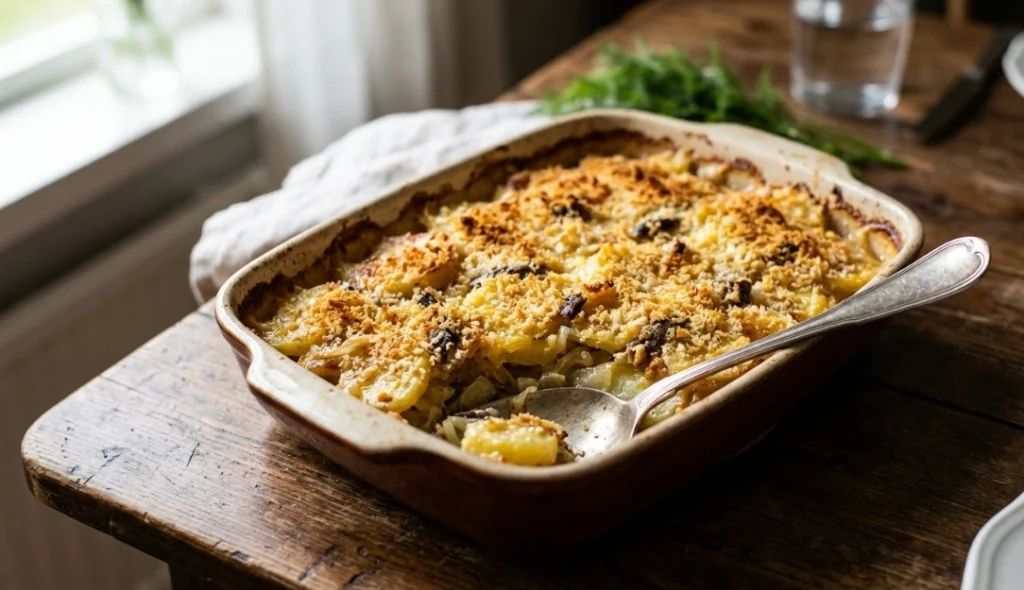 Best traditional Swedish Janssons Frestelse recipe layered with julienne potatoes, sweet onions, cream and a golden crispy breadcrumb crust.