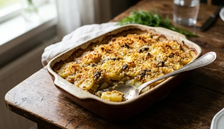 Best traditional Swedish Janssons Frestelse recipe layered with julienne potatoes, sweet onions, cream and a golden crispy breadcrumb crust.