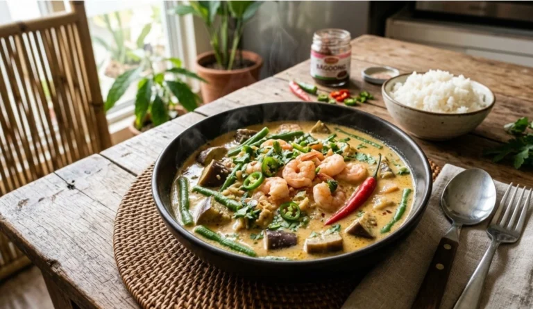 Best easy shrimp and vegetables in coconut milk recipe with tender eggplant cubes, green beans and savory garlic ginger sauce.