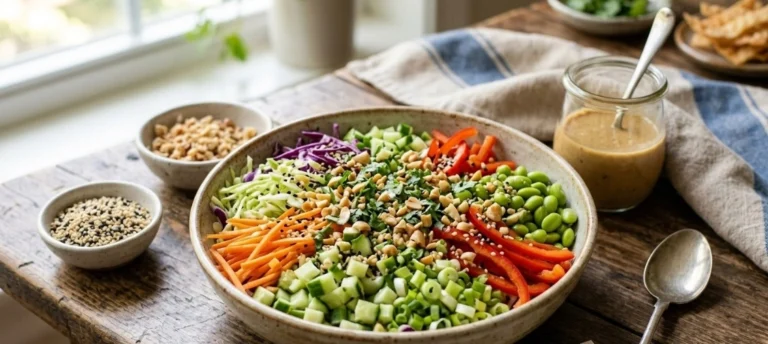 Best easy chopped Asian salad recipe with fresh shredded cabbage, edamame and crunchy sesame ginger dressing.
