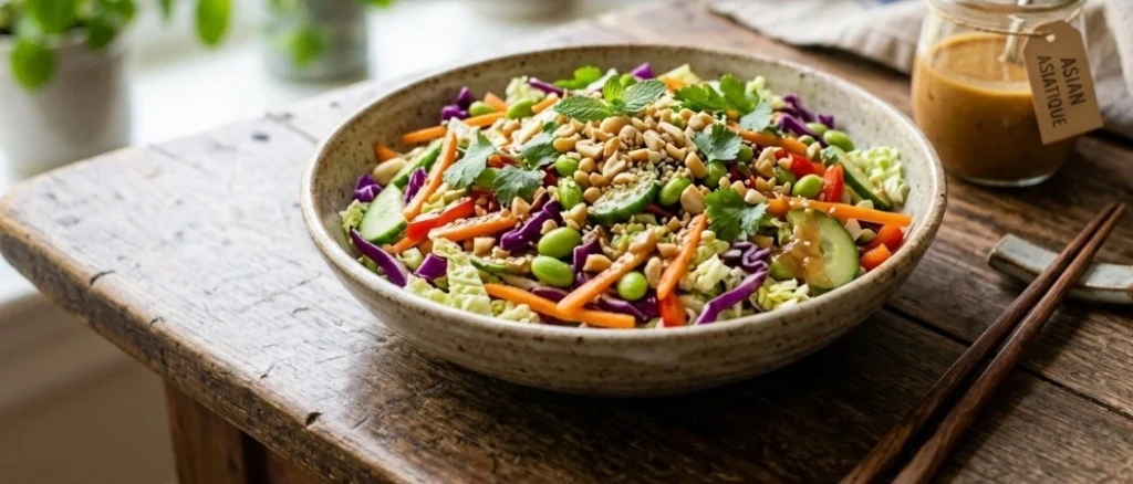 Best easy chopped Asian salad recipe with fresh shredded cabbage, edamame and crunchy sesame ginger dressing.