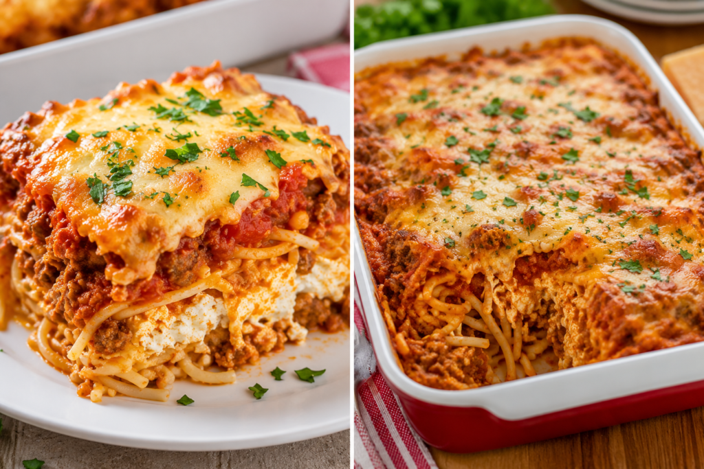 Cheesy baked spaghetti casserole with meat sauce and melted mozzarella cheese