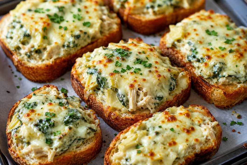 Crispy Texas toast topped with creamy spinach artichoke chicken and melted cheese