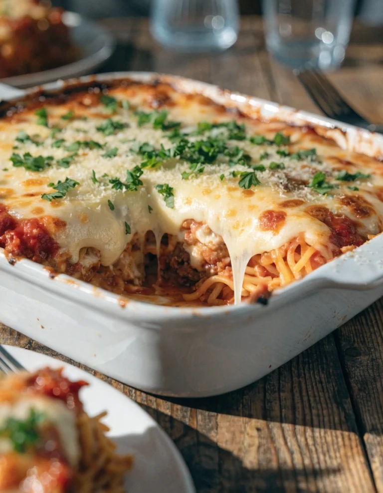 Cheesy baked spaghetti casserole with marinara meat sauce, spaghetti noodles, ground beef, Italian sausage, and melted mozzarella cheese.