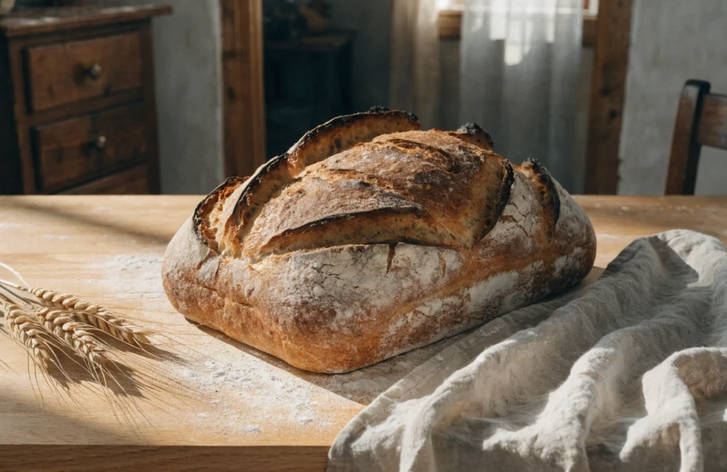 Rustic homemade grindstone bread loaf with a golden crust on a wooden table.