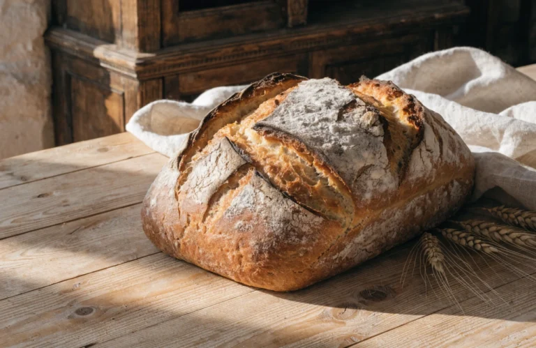 Rustic homemade grindstone bread loaf with a golden crust on a wooden table.