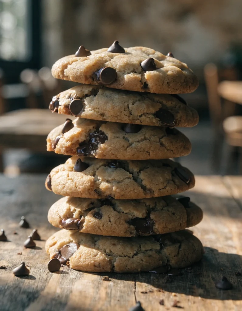 Freshly baked chocolate chip cookies with melted chocolate chips on a cooling rack.