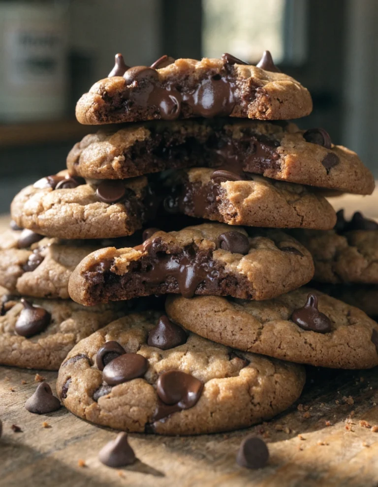 Freshly baked chocolate chip cookies with melted chocolate chips on a cooling rack.