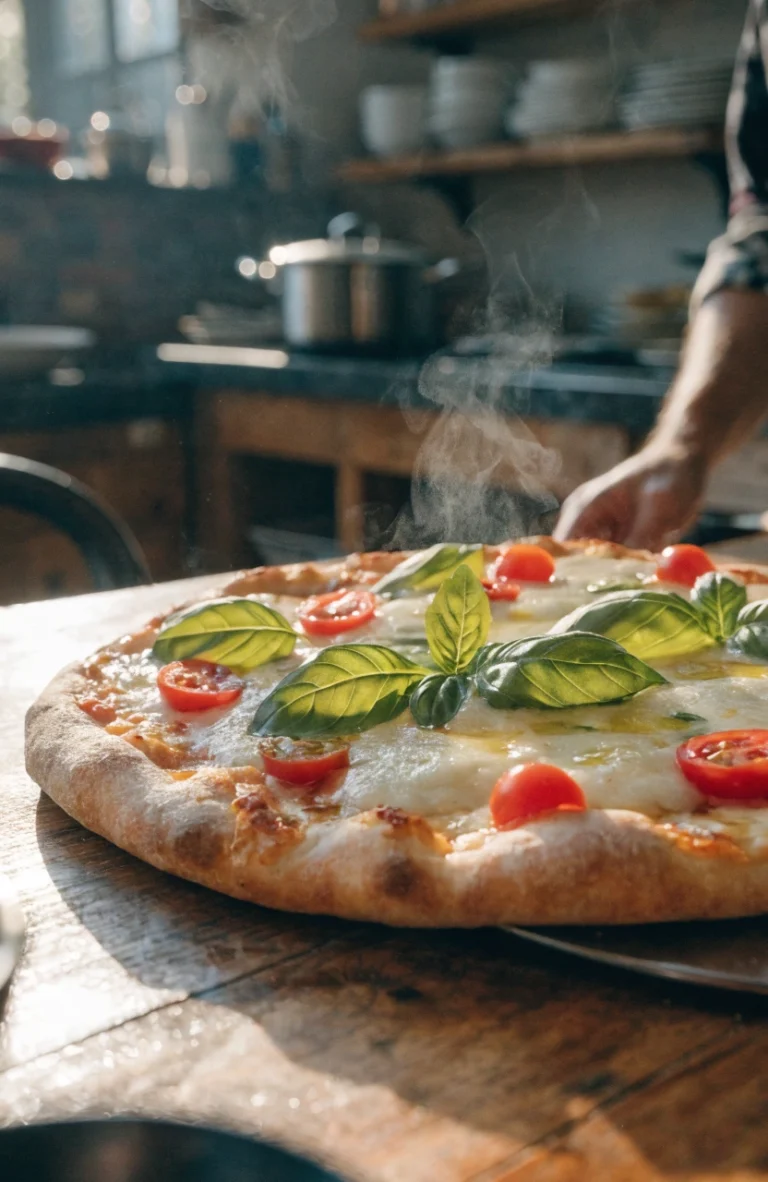 Gluten-free pizza crust baked golden and crispy with cheese and fresh toppings