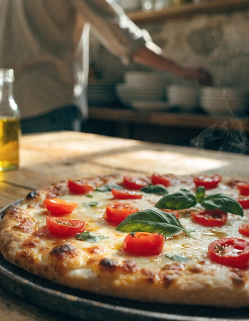 Gluten-free pizza crust baked golden and crispy with cheese and fresh toppings