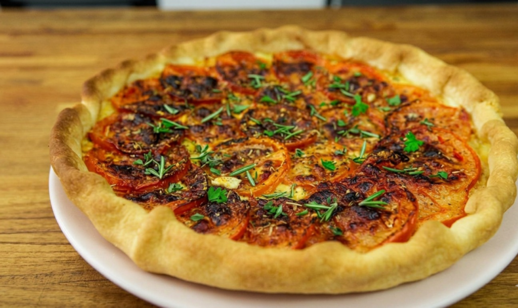 Crispy puff pastry tomato tart with mustard, Parmesan, and herbs