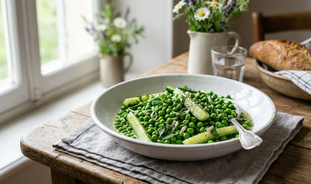 Traditional French  Peas with Cucumber made with fresh green peas, cucumber, mint, and butter.