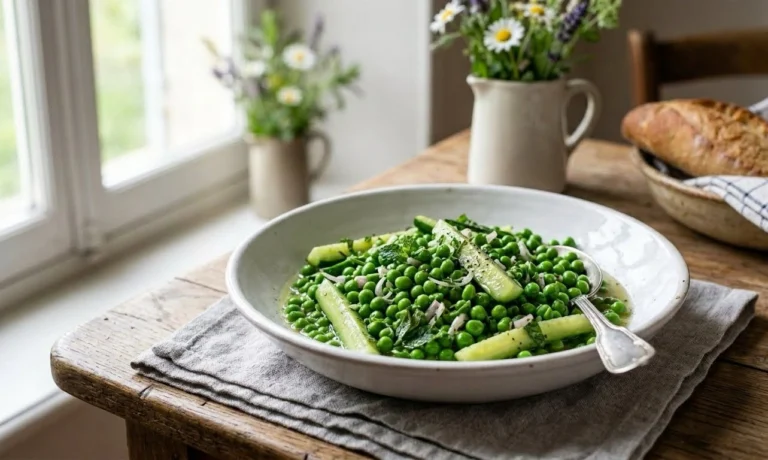 Traditional French Peas with Cucumber made with fresh green peas, cucumber, mint, and butter.