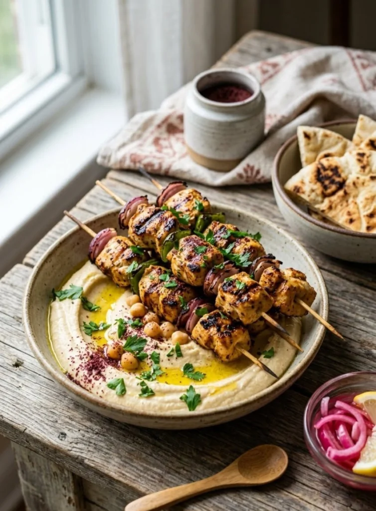 Grilled Lebanese chicken shish taouk skewers served over a bed of creamy homemade hummus garnished with olive oil and sumac in a rustic bowl.