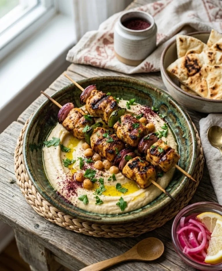 Grilled Lebanese chicken shish taouk skewers served over a bed of creamy homemade hummus garnished with olive oil and sumac in a rustic bowl.