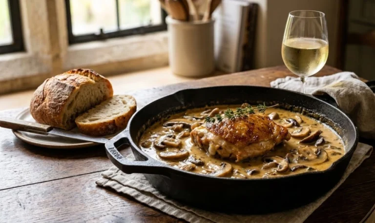 Chicken in Calvados cream sauce with mushrooms, served in a rustic casserole, a traditional French recipe from Normandy.