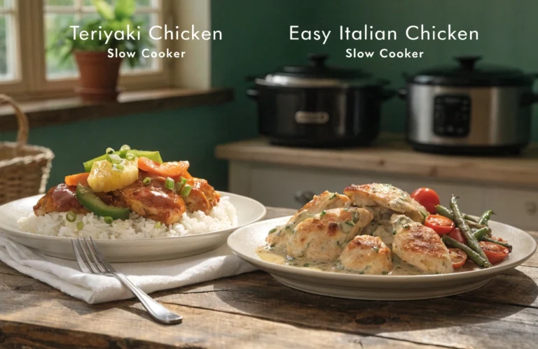 Slow cooker teriyaki chicken and Italian chicken recipes served with rice and vegetables.