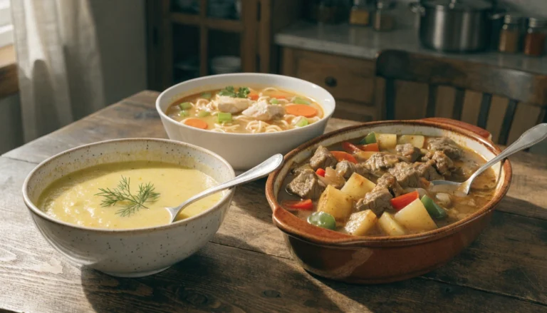 Homemade comfort food recipes including soups and slow cooker casserole served on a rustic table