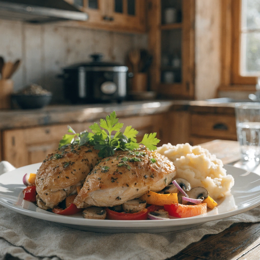 Juicy slow cooker Italian chicken breast seasoned with Italian dressing and herbs, served with vegetables.