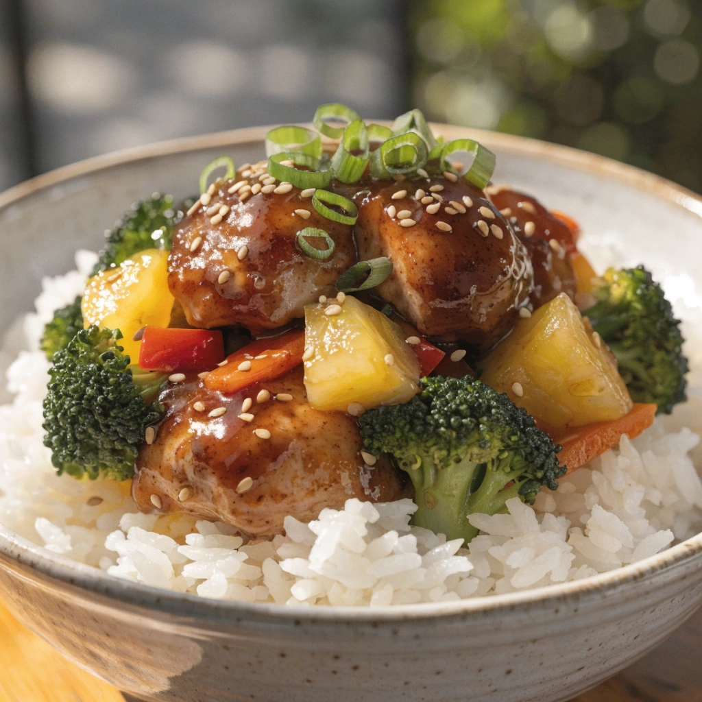 Tender slow cooker teriyaki chicken with pineapple chunks and vegetables served over steamed rice.
