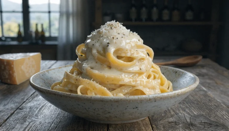 Creamy pasta ribbons prepared according to the Fettuccine au Parmesan Recipe served in a ceramic bowl