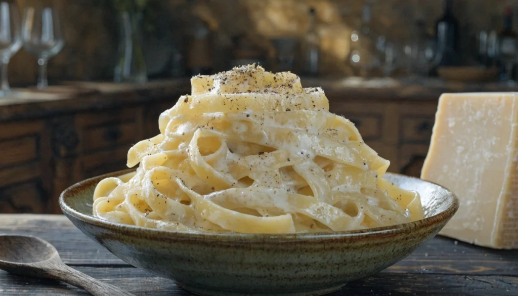 Creamy pasta ribbons prepared according to the Fettuccine au Parmesan Recipe served in a ceramic bowl