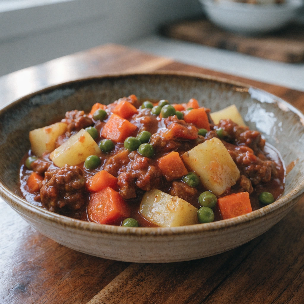 Slow cooker beef and vegetable casserole served in a bowl, hearty homemade comfort food with potatoes, carrots, peas and ground beef