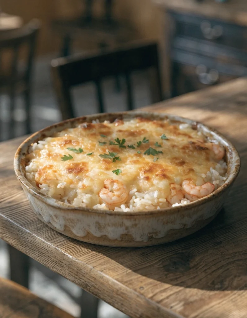 Creamy shrimp and rice casserole baked with cheese and garnished with fresh parsley