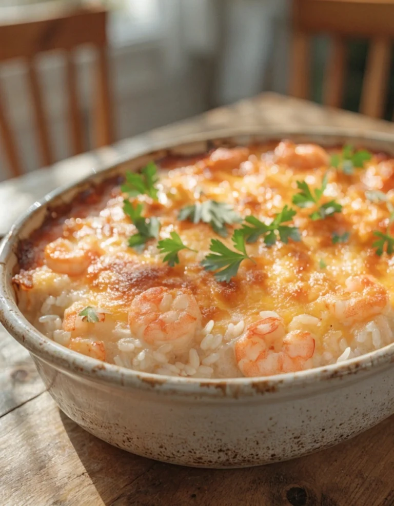 Creamy shrimp and rice casserole baked with cheese and garnished with fresh parsley