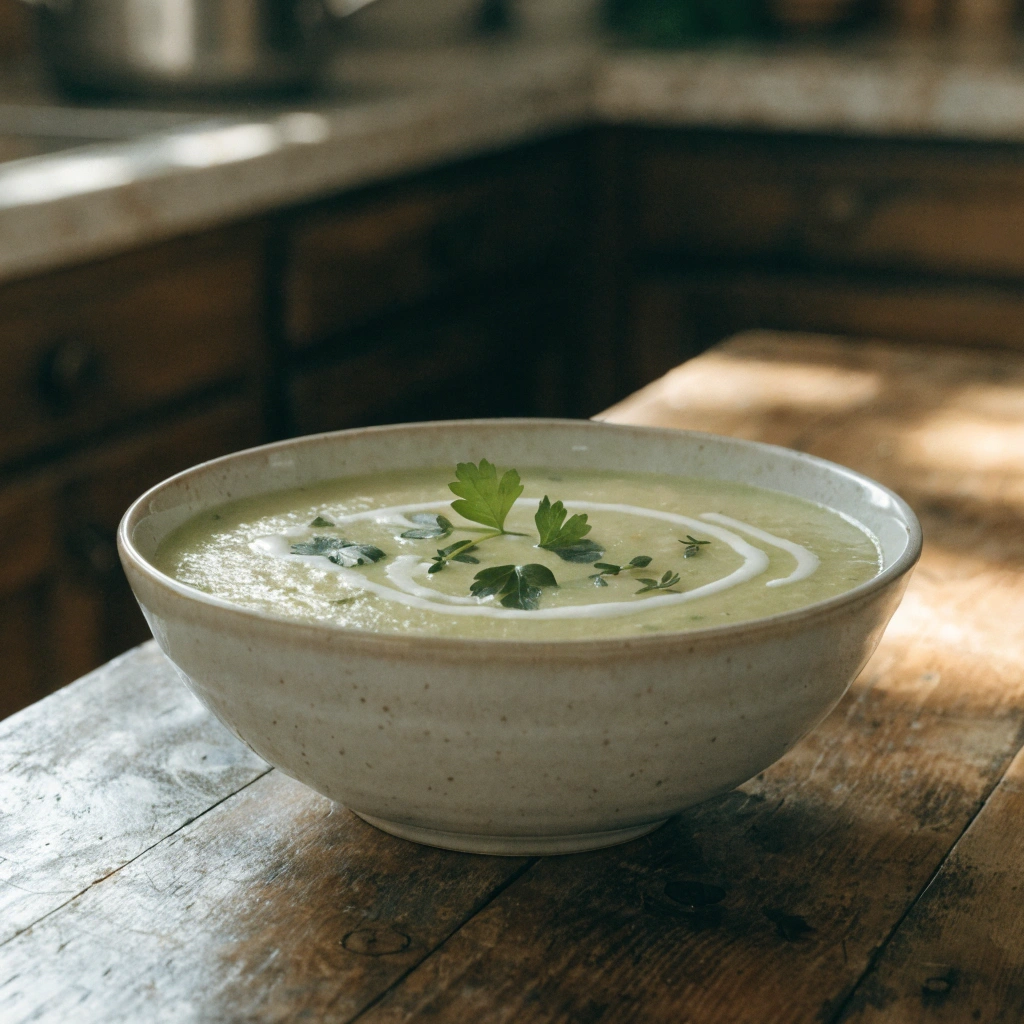 Creamy zucchini soup served in a bowl, smooth green vegetable soup, healthy homemade comfort food