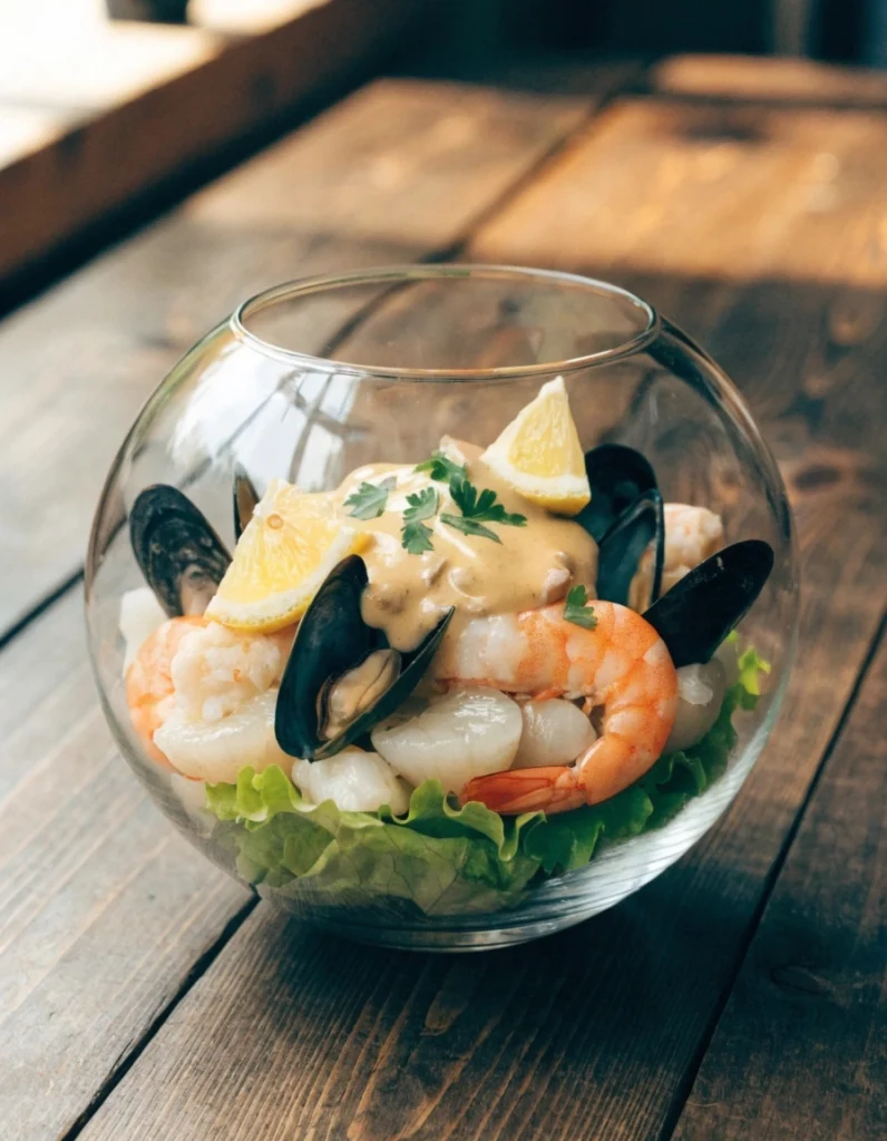 Elegant seafood cocktail with shrimp, crab, scallops, and cocktail sauce served in a glass