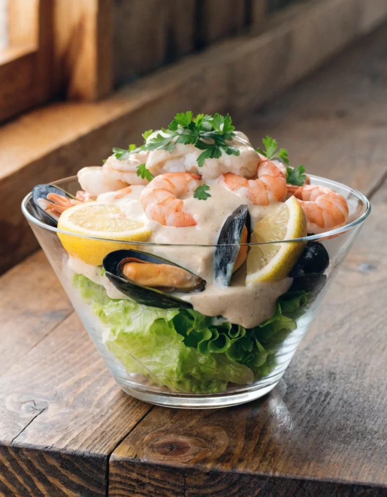 Elegant seafood cocktail with shrimp, crab, scallops, and cocktail sauce served in a glass