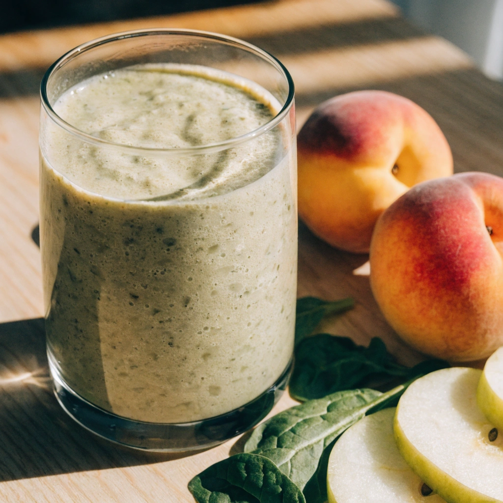 Peachy green smoothie made with peaches, spinach, apple, soy milk, and ice in a clear glass.