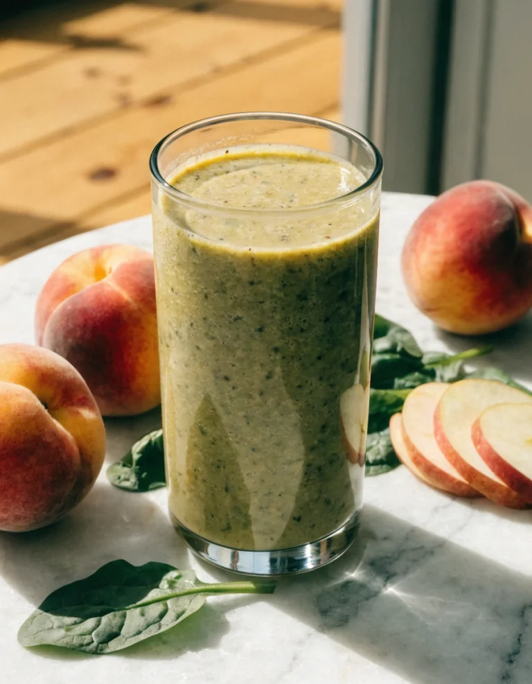 Peachy green smoothie made with peaches, spinach, apple, soy milk, and ice in a clear glass.