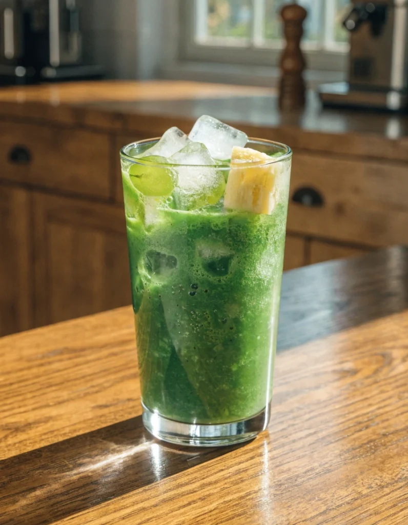 Fresh wheat grass smoothie made with green grapes, pineapple, wheatgrass, water, and ice served in a clear glass.