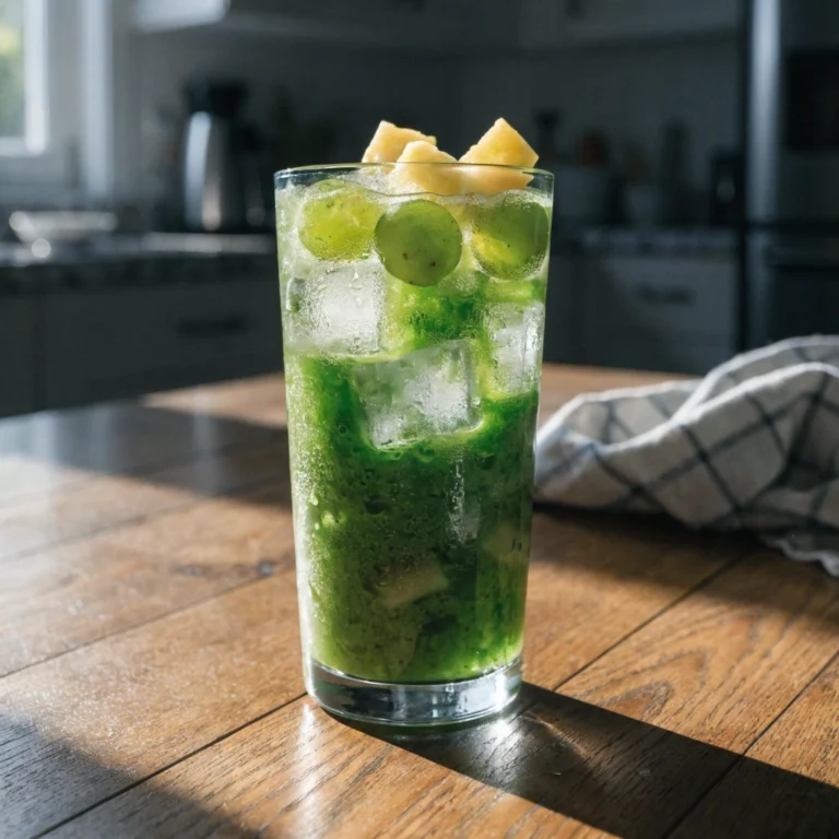Fresh wheat grass smoothie made with green grapes, pineapple, wheatgrass, water, and ice served in a clear glass.