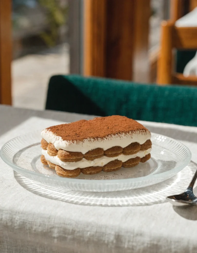 Authentic Italian tiramisu with mascarpone cream and cocoa powder