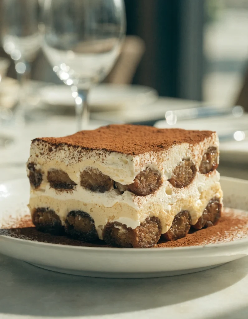 Authentic Italian tiramisu with mascarpone cream and cocoa powder