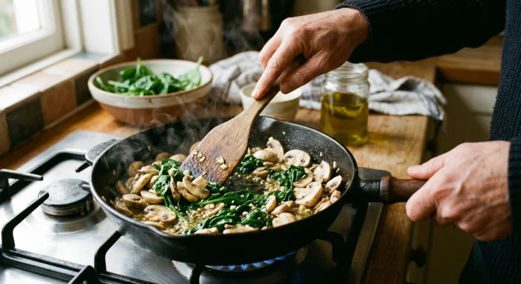 Hands sautéing sliced mushrooms and fresh spinach in a stainless steel skillet over stove.